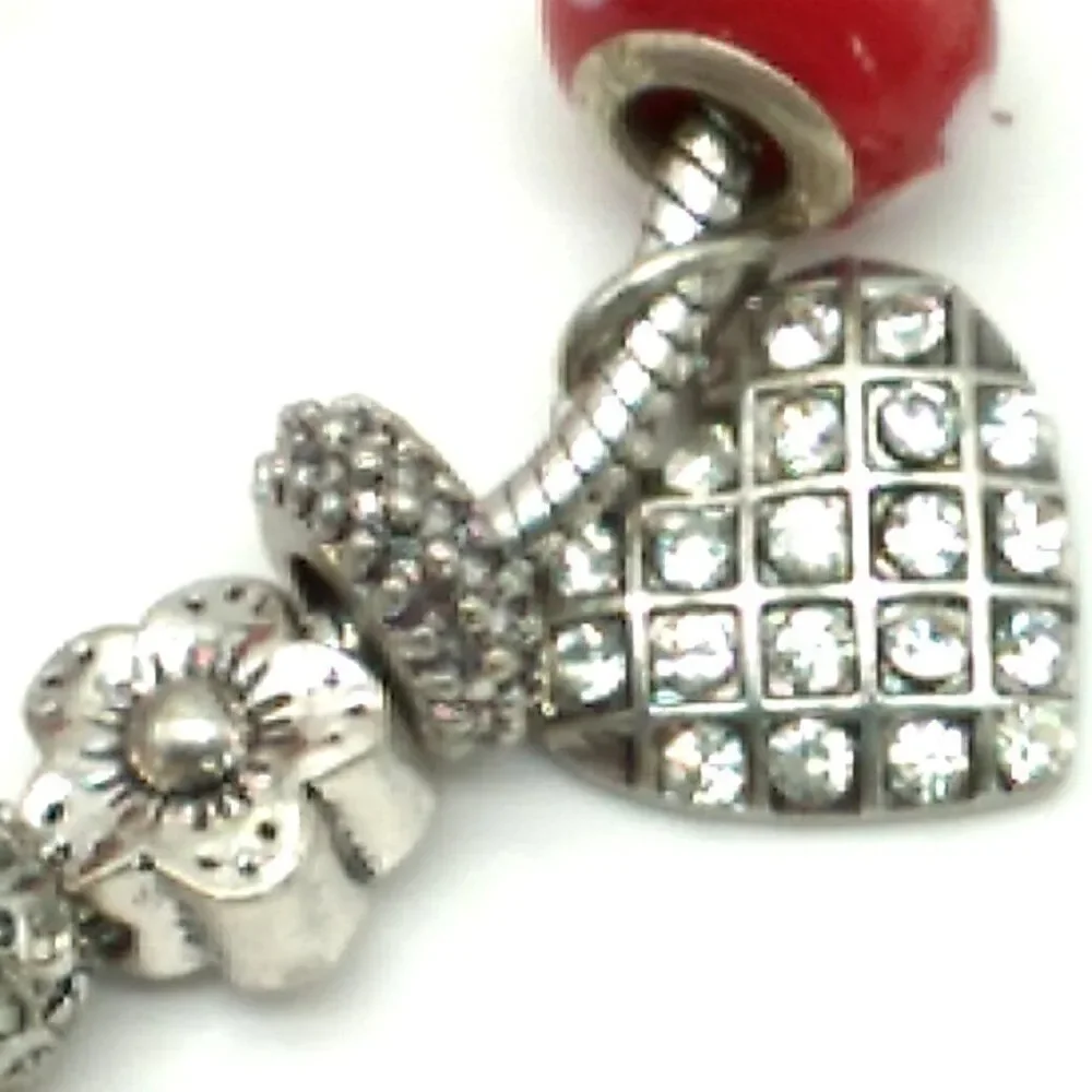 Bling Silver-tone & Red Beaded Charm Slider Bracelet on Snake Chain NWOT